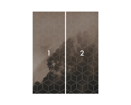 Fotobehang met geometrisch patroon en wolkenmotief, bestaande uit twee banen