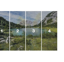 Vierdelige muurschildering met landschap van bergen, meer en schapen