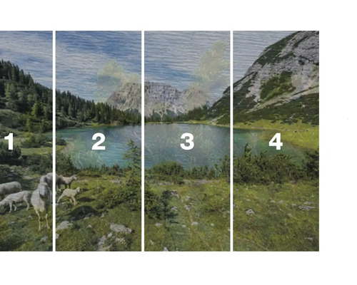 Vierdelige muurschildering met landschap van bergen, meer en schapen