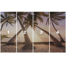 Vierdelige muurschildering met palmbomen op het strand