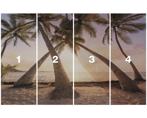 Vierdelige muurschildering met palmbomen op het strand