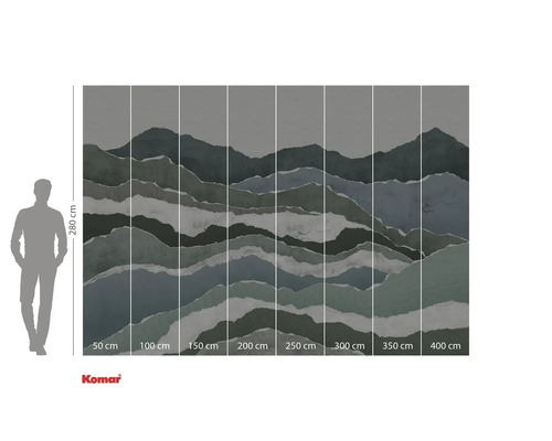 Fotobehang met bergmotief en afmetingsdetails