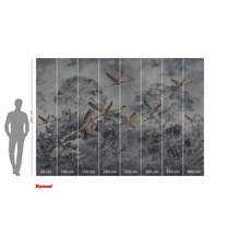 Fotobehang met een motief van vliegende flamingo's voor bomen