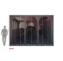 Behang met woestijnlandschap, maan en bogen en maatindicaties