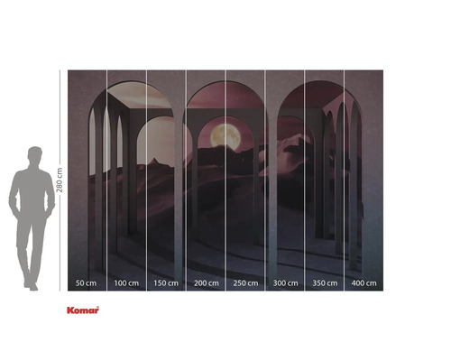 Behang met woestijnlandschap, maan en bogen en maatindicaties