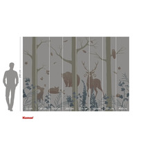 Fotobehang met bosmotief, inclusief bomen, beer, hert, haas, vos en uil, formaat circa 280 x 400 cm