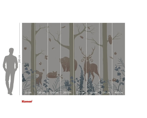 Fotobehang met bosmotief, inclusief bomen, beer, hert, haas, vos en uil, formaat circa 280 x 400 cm