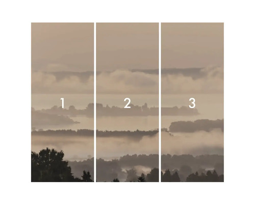 Vliesbehang met nevelachtig landschapmotief, bestaande uit drie delen