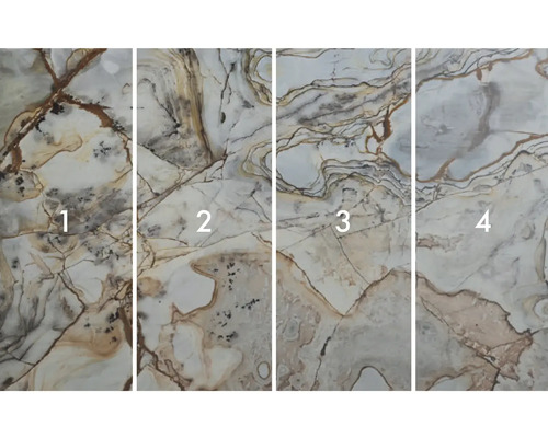 Vier verschillende patronen van tegels met marmerlook.