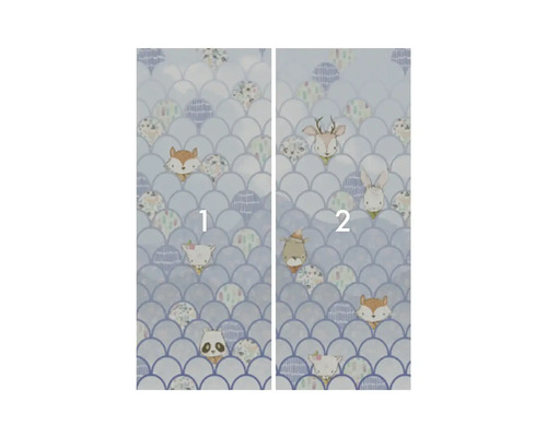 Tweeledige muurschildering met dierenmotieven en vissenschubbenpatroon