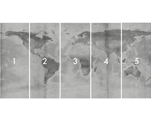 Wandafbeelding van een wereldkaart, bestaande uit vijf delen