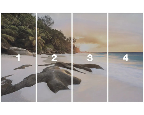 Vierdelig strandmotief met rotsen en vegetatie