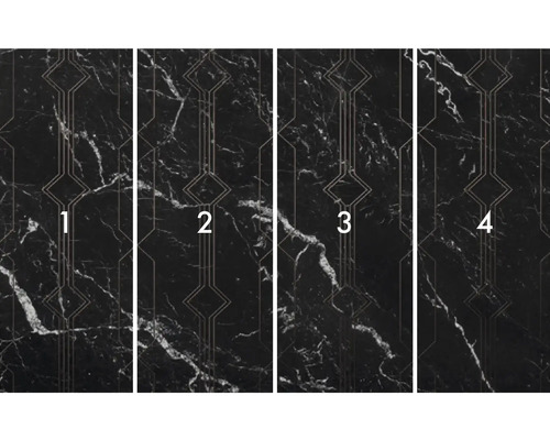 Vliesbehang met marmerstructuur en geometrische patronen, vier banen naast elkaar.