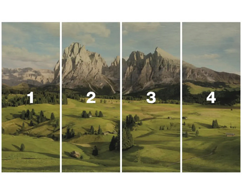 Vierdelige muurschildering met berglandschap