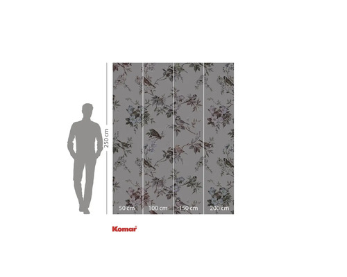 Komar fotobehang met bloemen- en vogelmotief in grijstinten