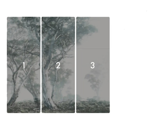 Driedelige muurschildering met boomweergave in de mist