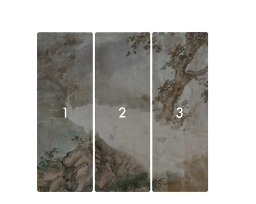 Driedelige muurschildering met een landschapsscène.