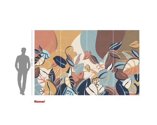 Vliesbehang met abstract bladerdesign en een hoogte van 250 cm.