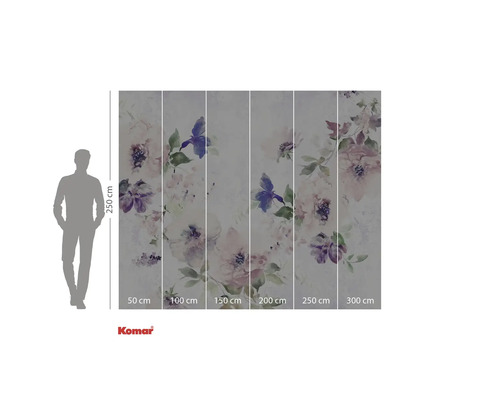 Komar fotobehang met bloemmotief en maataanduidingen.