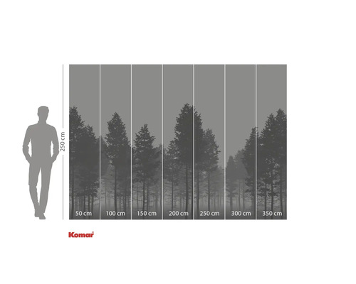 Fotobehang met bosmotief en maataanduidingen.