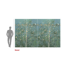 Fotobehang met boom, vogels en hekwerk ontwerp voor wanddecoratie