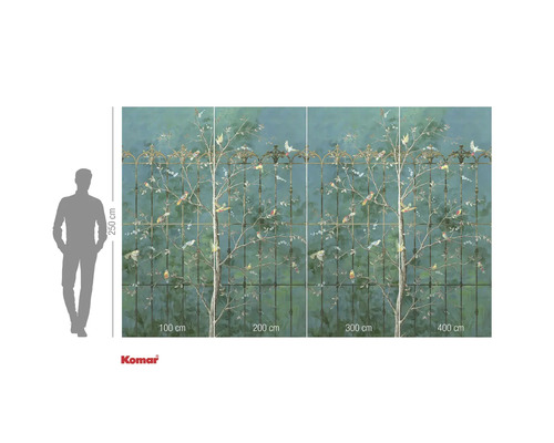 Fotobehang met boom, vogels en hekwerk ontwerp voor wanddecoratie