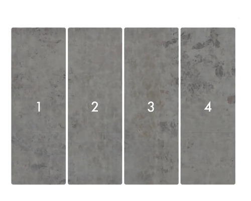 Vier vinylvloerpanelen met steeneffect, genummerd van één tot vier.