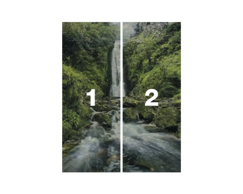 Fotobehang met waterval- en bosmotief, bestaande uit twee delen