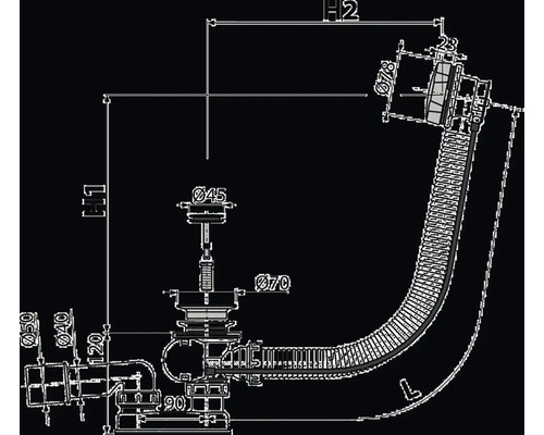 Technische tekening van een sifon met afmetingen