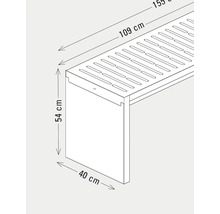 Technische tekening van een tuinbank met afmetingen: lengte 155 cm, bankoppervlak 109 cm, hoogte 54 cm, diepte 40 cm.