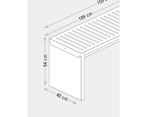 Technische tekening van een tuinbank met afmetingen: lengte 155 cm, bankoppervlak 109 cm, hoogte 54 cm, diepte 40 cm.