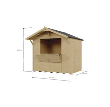 Houten tuinhuis met afmetingen 245 cm hoog, 240 cm breed en 180 cm diep.