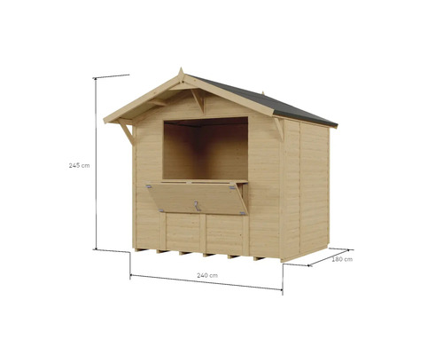 Houten tuinhuis met afmetingen 245 cm hoog, 240 cm breed en 180 cm diep.