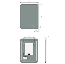 Technische tekening van een rechthoekige spiegel met afgeronde hoeken en de afmetingen 600 x 800 mm.