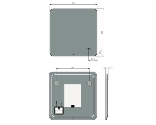 Technische tekening van een spiegel met verlichting en de afmetingen 800 x 800 millimeter