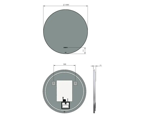 Technische tekening van een ronde spiegel met afmetingen diameter 1000 millimeter, 113 millimeter, 500 millimeter en 44 millimeter