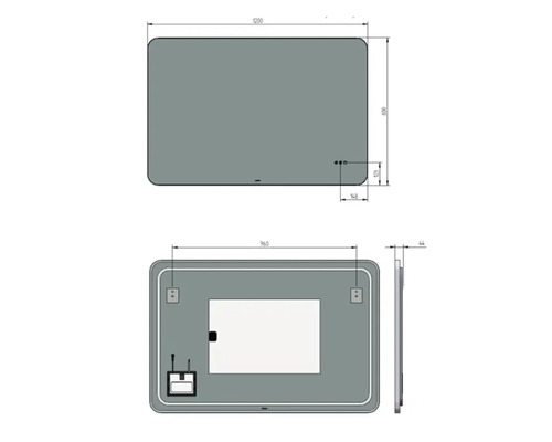 Technische tekening van een rechthoekige spiegel met afgeronde hoeken en maatgegevens