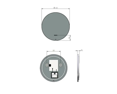 Technische tekening van een ronde spiegel met afmetingen