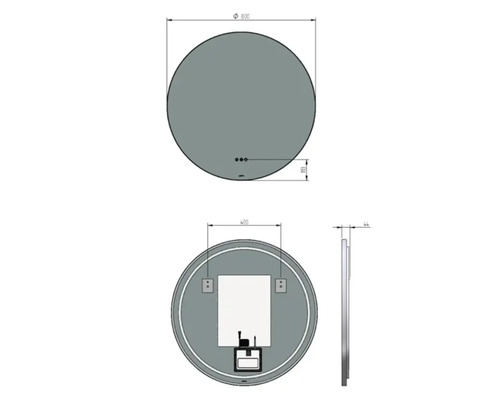 Technische tekening van een ronde spiegel met de afmetingen 800 mm diameter en 44 mm diepte