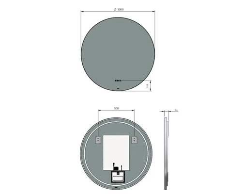 Technische tekening van een ronde spiegel met afmetingen van 1000 millimeter in diameter en 44 millimeter diep