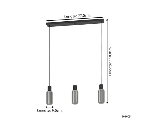 Hanglamp met drie lampen en afmetingen