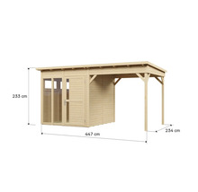 Houten tuinhuis met afmetingen 447 cm bij 233 cm bij 234 cm