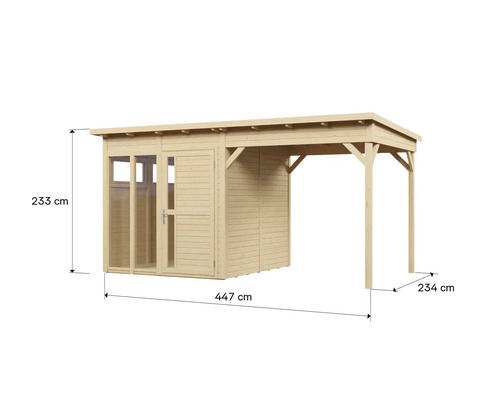 Houten tuinhuis met afmetingen 447 cm bij 233 cm bij 234 cm