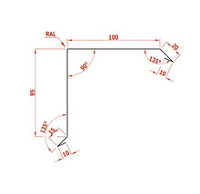 Technische tekening van een hoek met maatvoering.