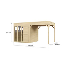 Tuinhuis met luifel en afmetingen van 447 cm lengte, 233 cm hoogte en 234 cm diepte