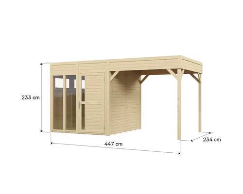 Tuinhuis met luifel en afmetingen van 447 cm lengte, 233 cm hoogte en 234 cm diepte