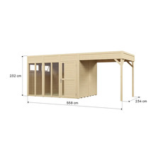 Afbeelding van een tuinhuis met een totale breedte van 558 centimeter, een hoogte van 232 centimeter en een diepte van 234 centimeter.