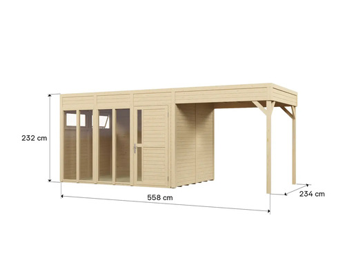 Afbeelding van een tuinhuis met een totale breedte van 558 centimeter, een hoogte van 232 centimeter en een diepte van 234 centimeter.