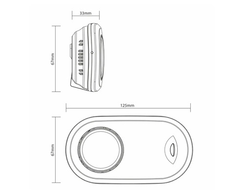 Technische tekening van een sensor met afmetingen van 67 mm hoog, 33 mm breed en 125 mm lang.