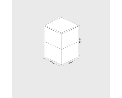Illustratie van een badkamerkast met afmetingen van 60 cm x 60 cm x 104 cm.